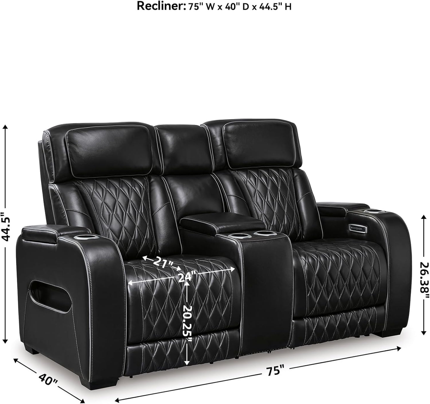 Signature Design by Ashley Boyington Modern Leather Match Power Reclining Loveseat with Console, Adjustable Headrest, Massage, Heated Seat and LED Lights, Black