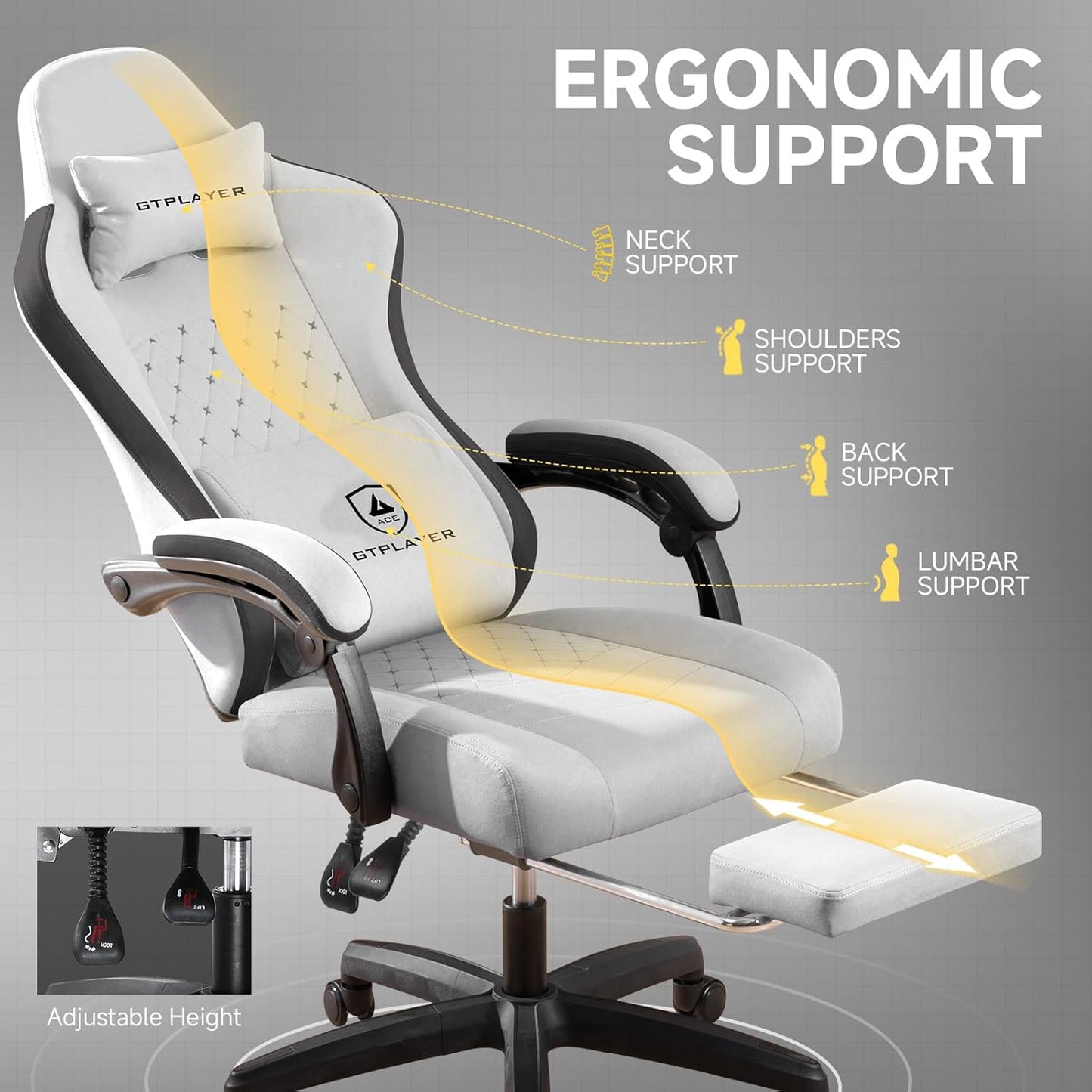 GTPLAYER Office Chair, Gaming Computer Desk Fabric Chair with Footrest, High Back Ergonomic Office Chair with Pocket Spring Lumbar Support and Linkage Armrests Adjustable Height Swivel for Home Task