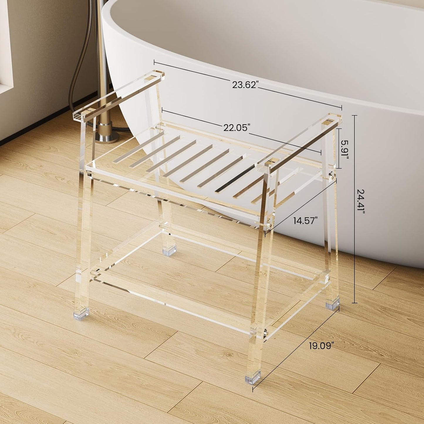 Acrylic Shower Chair with Arms - 23.62" Clear Shower Bench with Handle for Inside Shower Heavy Duty Shower Stool for Seniors Elderly Non-Slip Waterproof Indoor and Outdoor