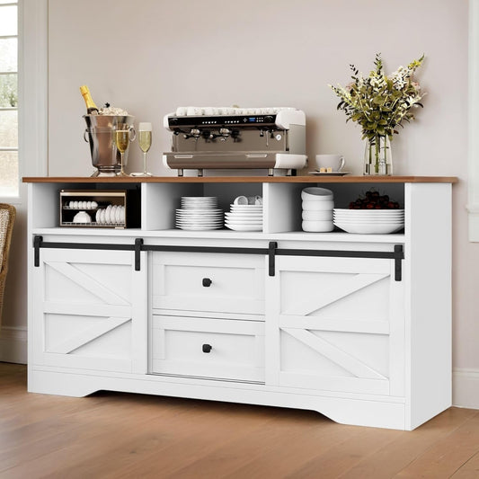 YITAHOME Buffet Cabinet with Drawers, 59" Large Sideboard Buffet Storage Cabinet with Shelves and Doors, Modern Farmhouse Coffee Bar Station Wood Kitchen Table for Kitchen, Dining Room, White