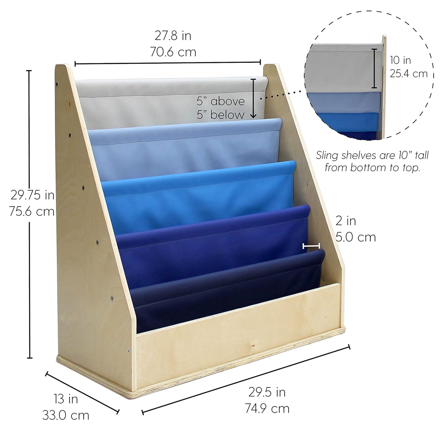 Factory Direct Partners 13745-NVPB Birch SoftScape Sling Book Display, 4-Shelf Vinyl Storage for Kid"s Books and Magazines for Bedroom, Playroom, Daycare, Preschool or Classroom - Navy/Powder Blue