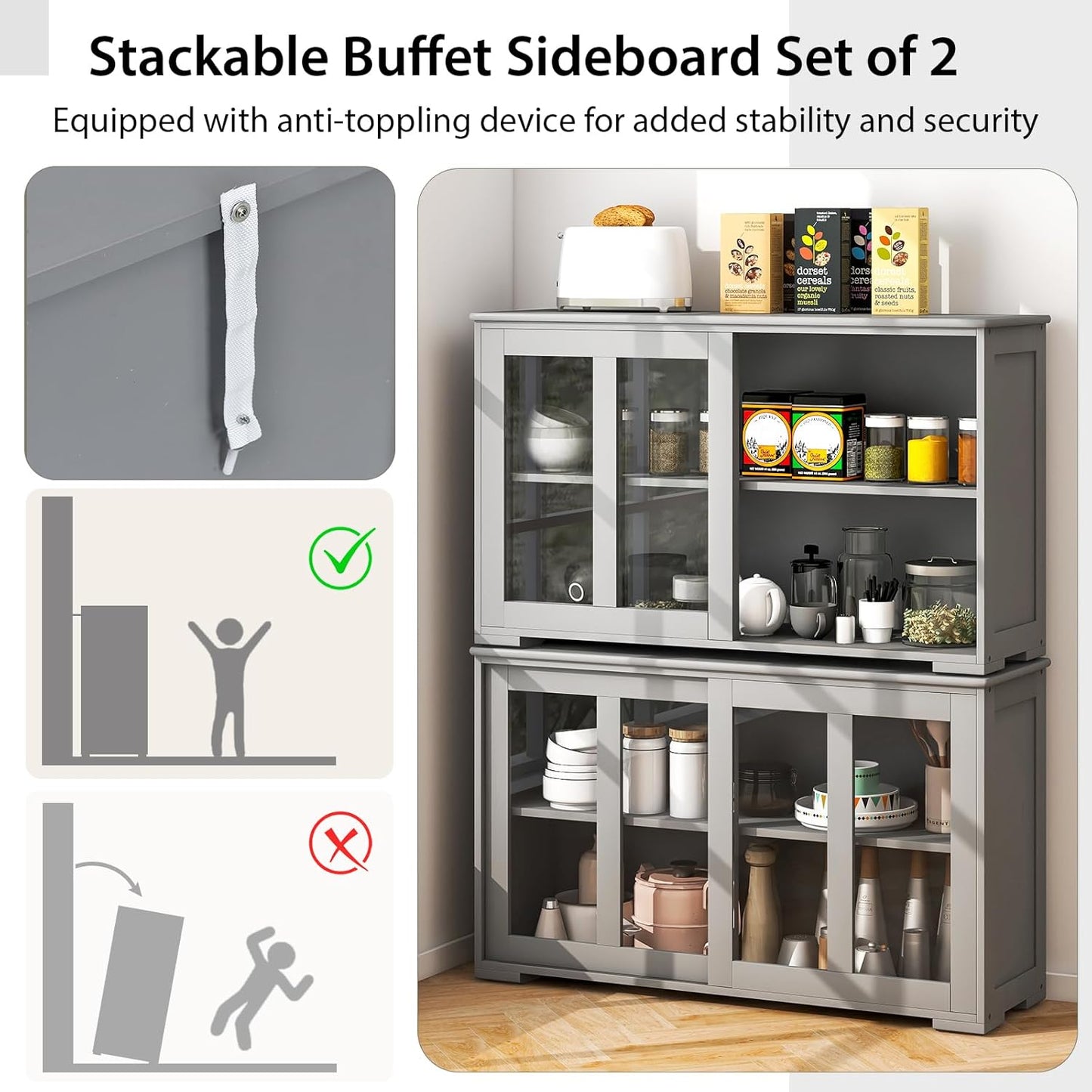 Costzon Sideboard Buffet Cabinet of 2, Wooden Kitchen Storage Cabinet with Adjustable Shelf, Sliding Glass Doors, Accent Coffee Bar Cabinet Console Table for Living Room, Dining Room, Hallway