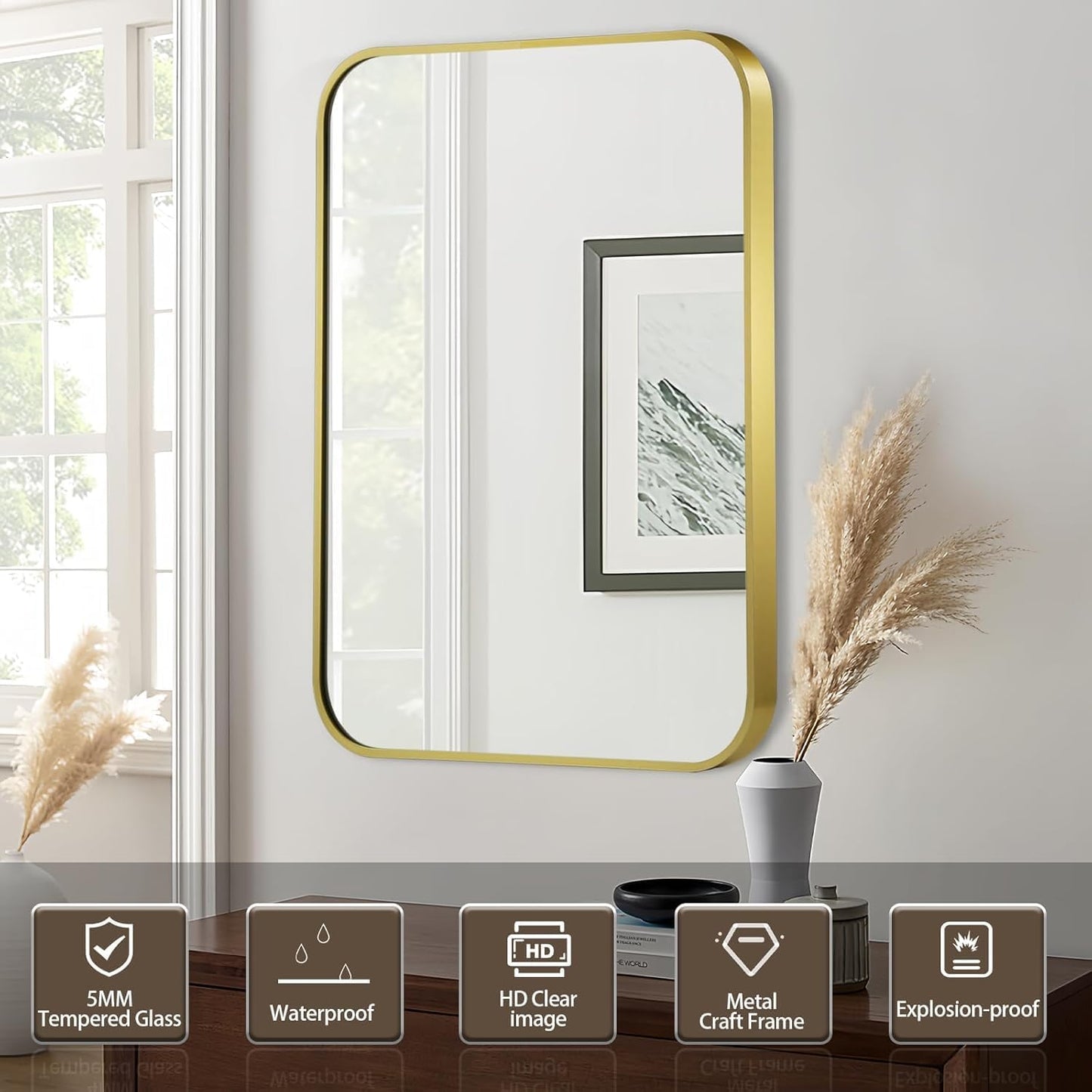 Matte Gold Mirror, 40x30 Inch Brushed Gold Mirror, Aluminum Alloy Framed Vanity Mirror, Rounded Rectangle Bathroom Mirror for Over Sink, Anti-Rust Wall Mirror (Horizontally or Vertically)