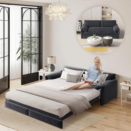 66" Queen Size Pull Out Couch Bed Convertible Sleeper Loveseat Sofa Velvet Futon Sofá Bed Oversized 3 in 1 Pullout Sofa&Couch for Side Storage and Soft Armrest for Living Room, Office, Apartment, RV