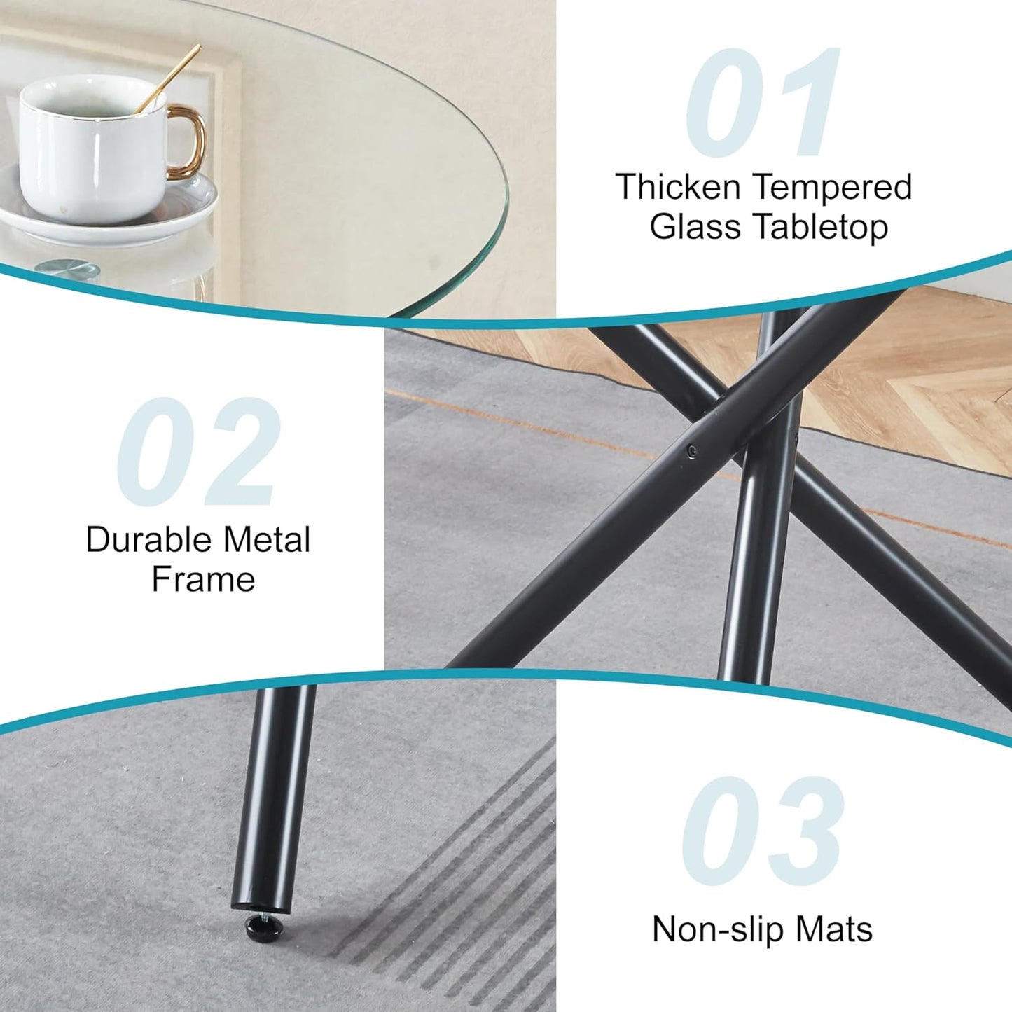 Kitchen Table Classic Dining Table for 4 Round Glass Dining Table 35.43" Kitchen & Dining Room Tables with Metal Legs and Glass Tabletop for Dining Room and Apartment, Black