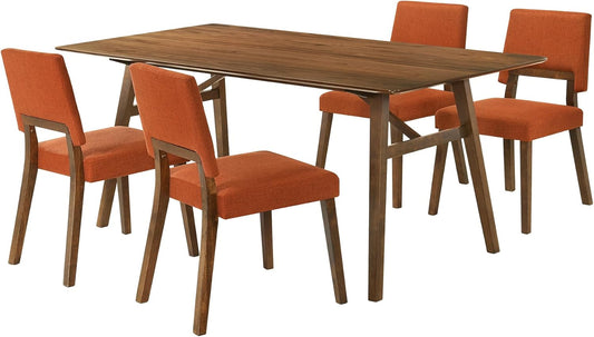 Armen Living Channell Mid Century Modern 5 Piece Walnut Wood Dining Table Set with Orange Fabric