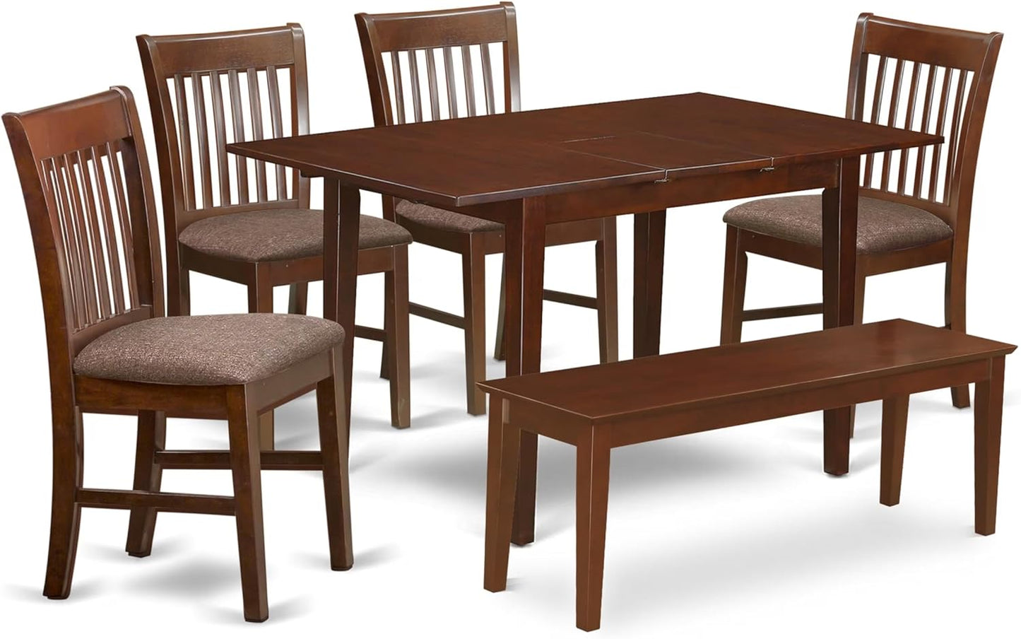 East West Furniture PSNO6C-MAH-C 6 Piece Dining Room Set Contains a Rectangle Kitchen Table with Butterfly Leaf and 4 Linen Fabric Dining Chairs with a Bench, 32x60 Inch, Mahogany