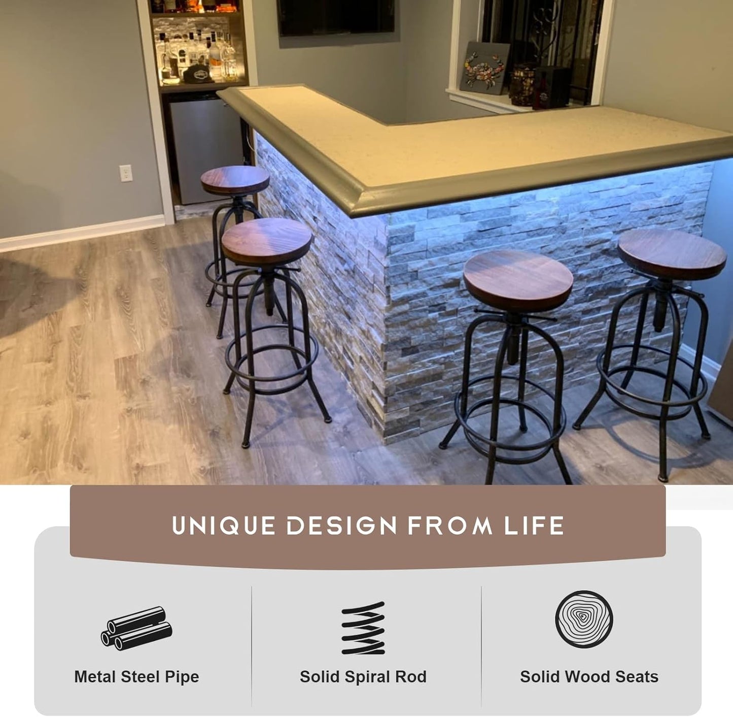 32 inch Vintage Industrial Bar Stool-Metal Wood Swivel Bar Stool-Retro Bar Height Stool-Counter Height Adjustable Kitchen Stools-Set of 2-Extra Tall Pub Height 26-32 Inch,Fully Welded(Black(2pcs))