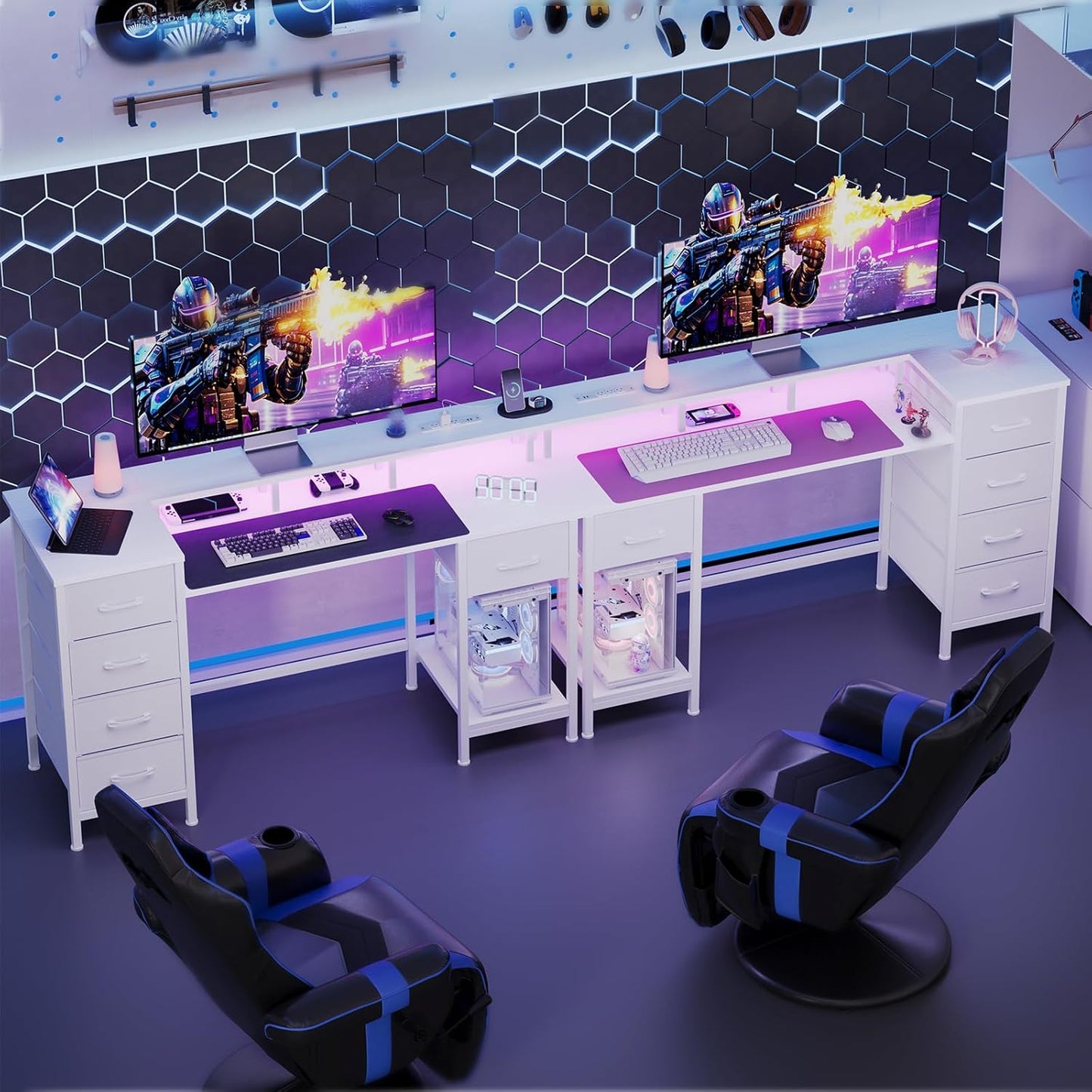 47 Inch Computer Gaming Desk with Power Outlets LED Lights Reversible Home Office with Adjustable Fabric Storage Drawers for Working Writing Study, White