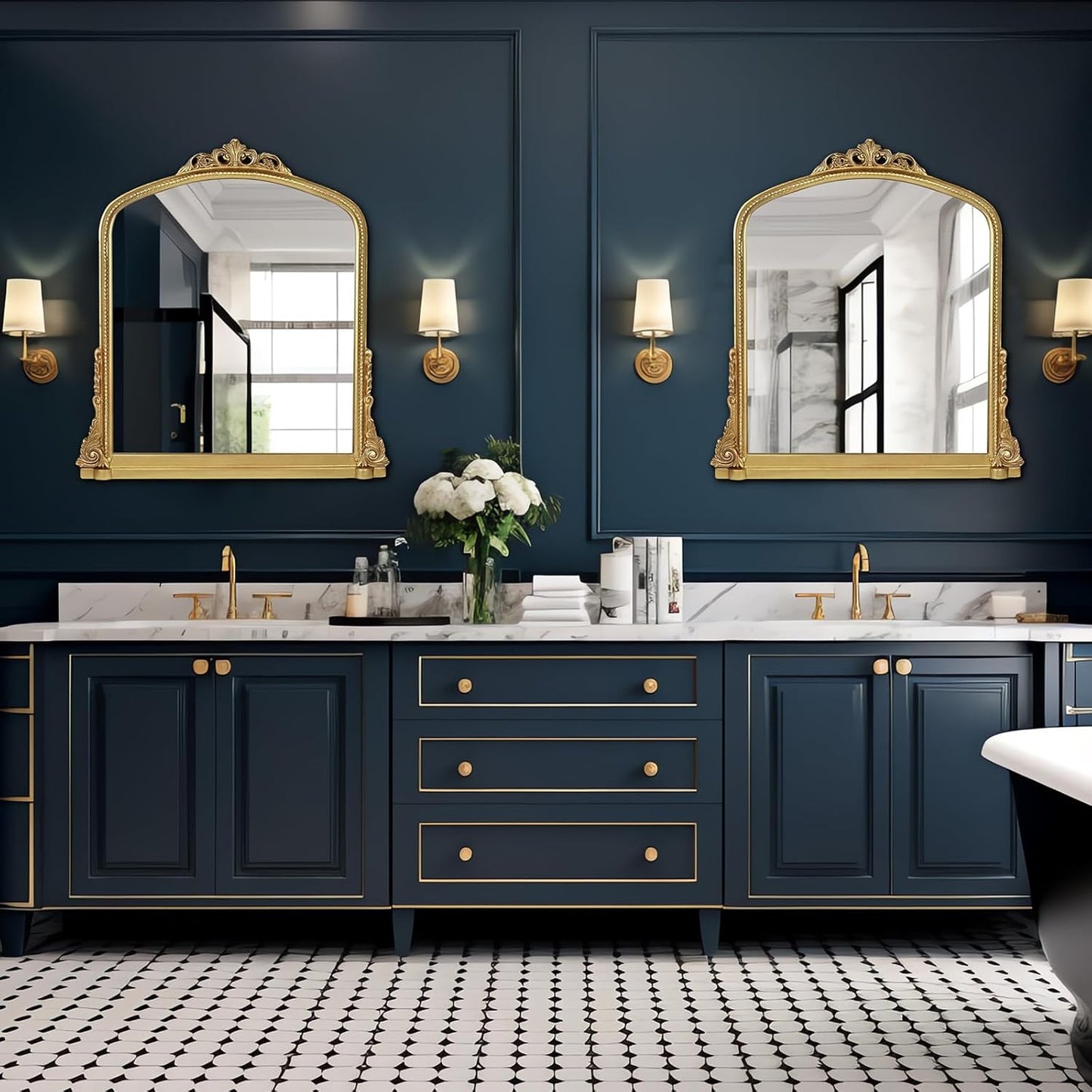 Traditional Ornate Arched Wall Mirror Baroque Vintage Framed Bathroom Vanity Large Rectangle Gilded, 34''H x 32'' W, Antique Gold