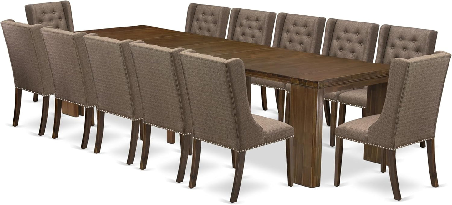X12FO-008-18 - 13 Pieces Mid Century Dining Set includes an Extendable Rectangle Kitchen Table and 12 Dining Chairs, 39x120 Inch, Antique Walnut