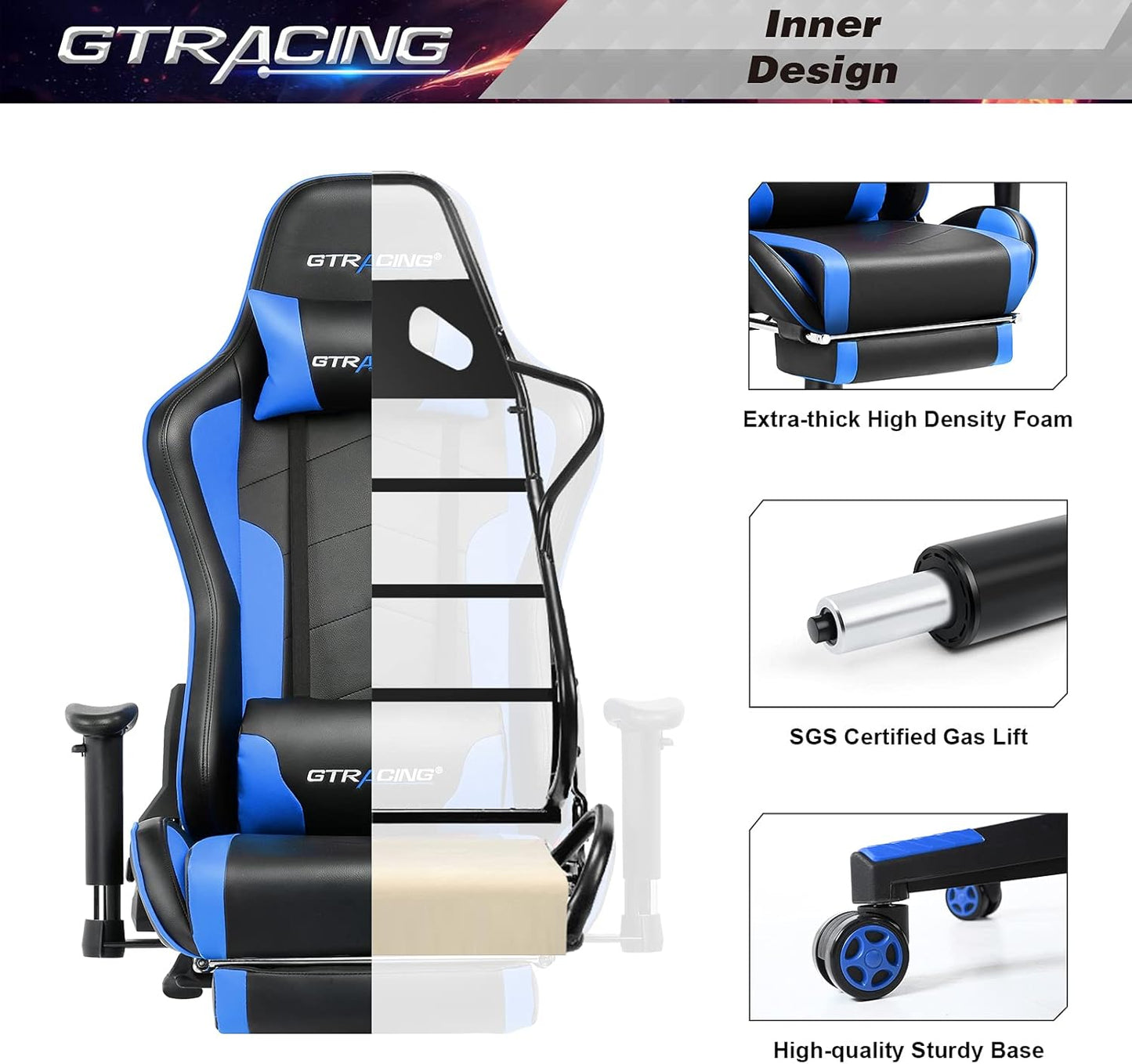 GTRACING Gaming Chair with Footrest and Bluetooth Speakers Music Video Game Chair Heavy Duty Ergonomic Computer Office Desk Chair (Blue)