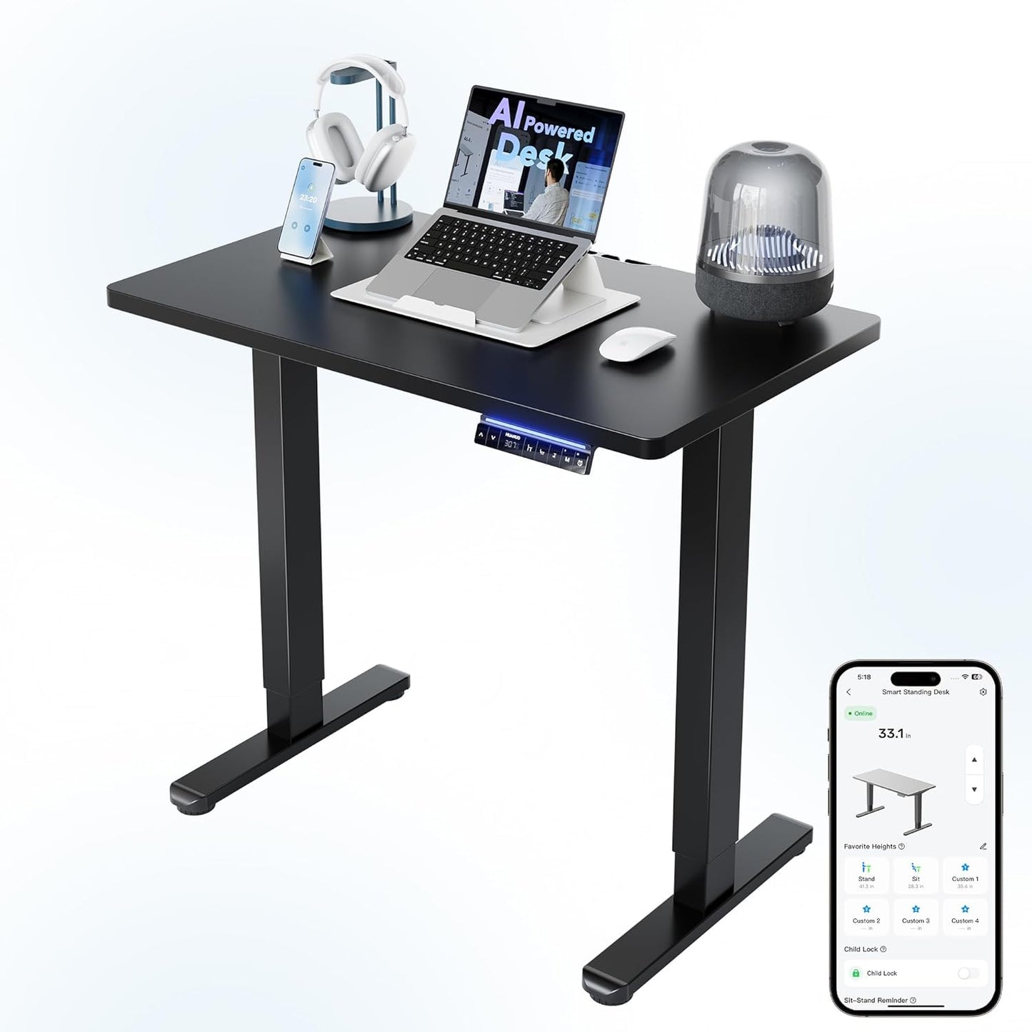 HUANUO One-Piece 32 inch Electric Standing Desk, Smart APP, Alexa & Google Voice Control, Wi-Fi, Adjustable Height, 6 Memory Settings, Sedentary Reminder, Posture & Neck Care, Black