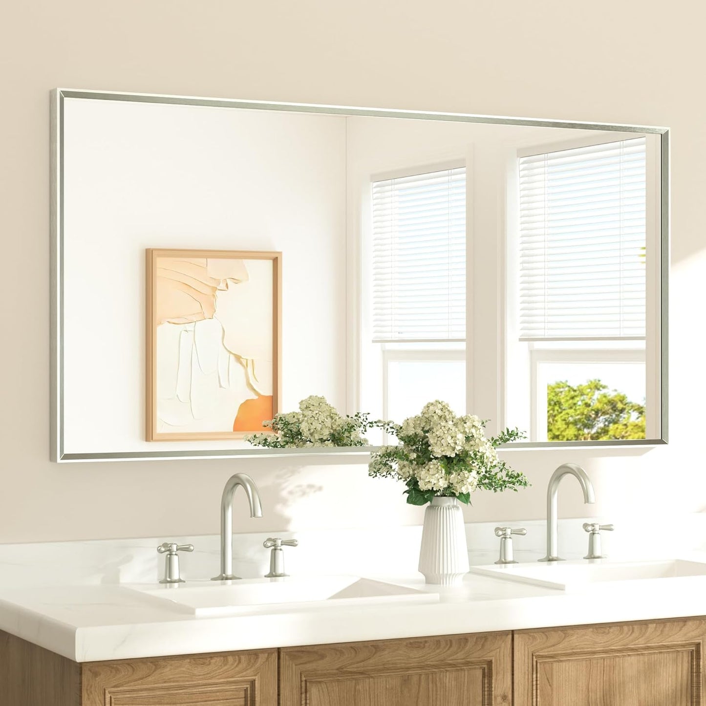 TETOTE Brushed Nickel Vanity Mirror for Bathroom 60" x 30" Beveled Frame Rectangle Bathroom Mirror for Over Sink Brushed Nickel, Tempered Glass, Stronger Frame, Modern Farmhouse Bedroom, Entryway