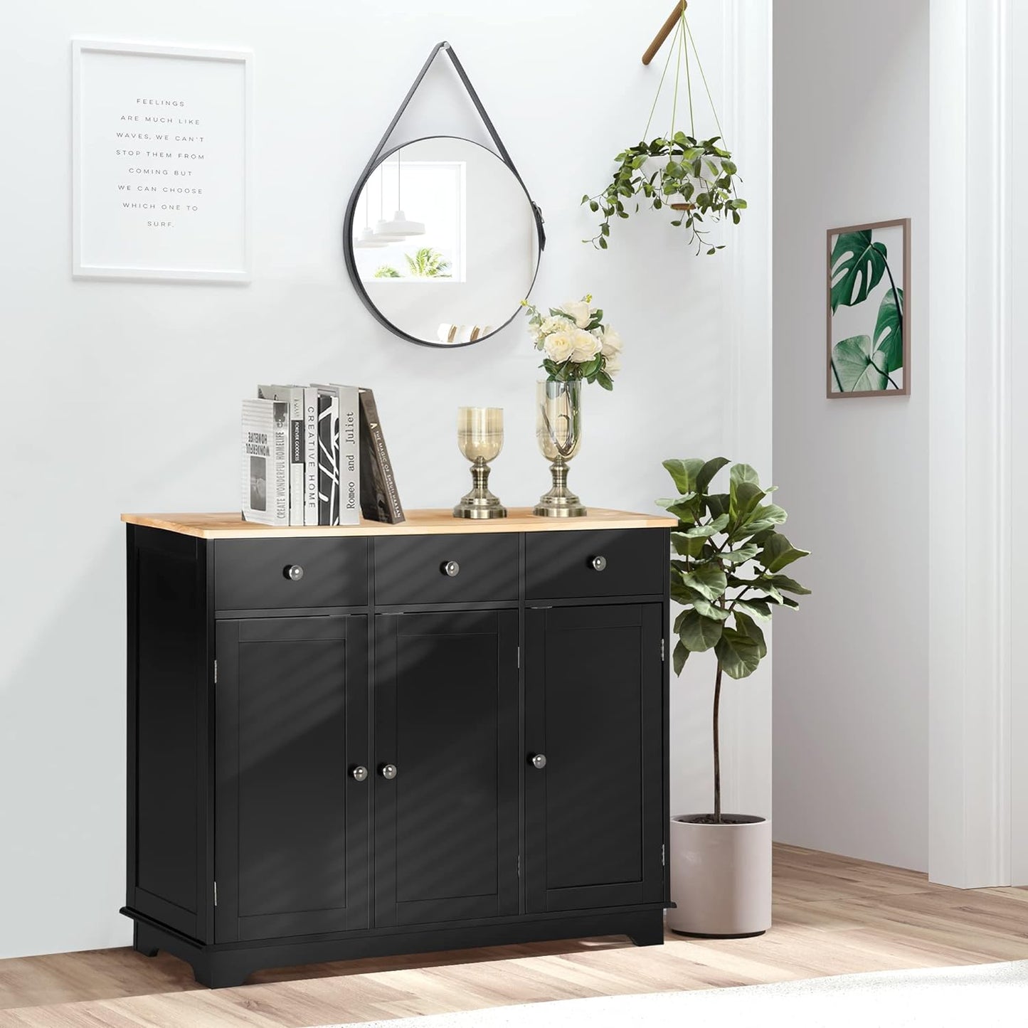 HOMCOM Sideboard with Solid Wood Countertop, Modern Kitchen Storage Cabinet, Coffee Bar Cabinet with 3 Drawers, Doors and Adjustable Shelf, Black