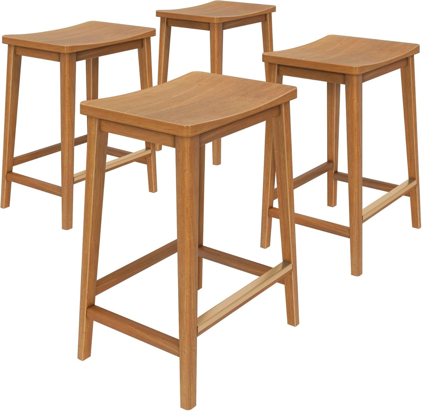 Plank+Beam Smythe Counter Stool, 24", Set of 4, Sturdy Wood Modern Kitchen Counter Height Stool, Saddle Seat Backless Counter Chair, Metal Footrest, Pecan