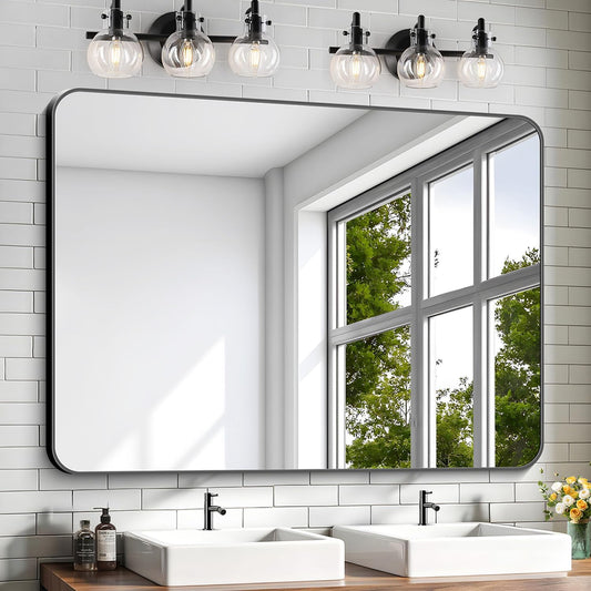 KOCUUY 36"x48" Large Rectangle Vanity Mirror, Black Metal Frame Mirror with Rounded Corner, Modern Design of Upgraded Shatterproof Glass for Bathroom, Bedroom, Living Room, Entryway