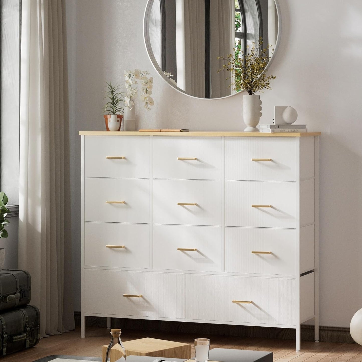 Wide TV Stand Modern TV Console, 11 Drawers Tall Dresser for Bedroom, Fabric Storage Cabinet, Chest of Drawers for Closet, Nursery, Living Room（White）