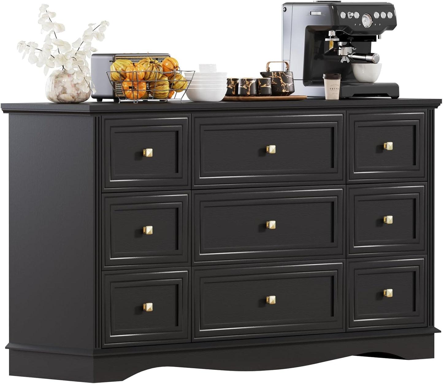9-Drawer Dresser, 57" Wooden Chest of Drawers with Rustic Top, Modern Farmhouse Furniture Organizer, Bedroom Storage Cabinet for Clothes, Accessories, Living Room, or Entryway, Black