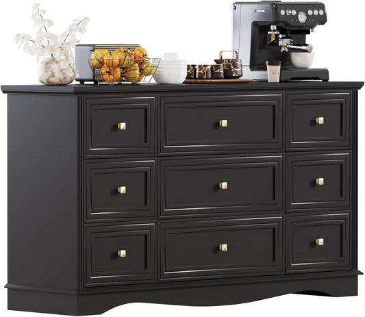 9-Drawer Dresser, 57" Wooden Chest of Drawers with Rustic Top, Modern Farmhouse Furniture Organizer, Bedroom Storage Cabinet for Clothes, Accessories, Living Room, or Entryway, Black
