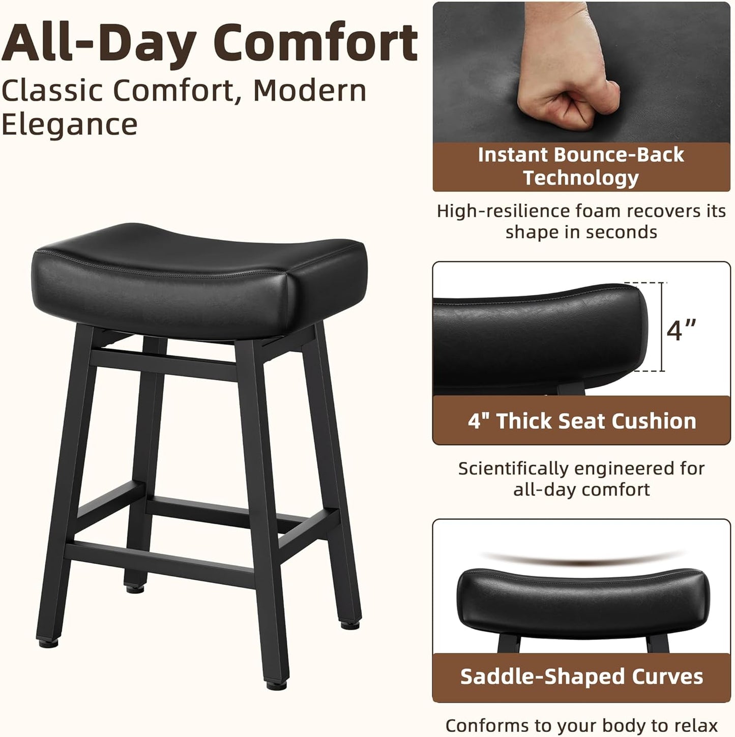 Counter Height Bar Stools Set of 2, 24 Inch Backless BarStools for Kitchen Island Leather Saddle Bar Chairs Kitchen Stools with 4" Thick Seats & Heavy Duty Metal Base, Black