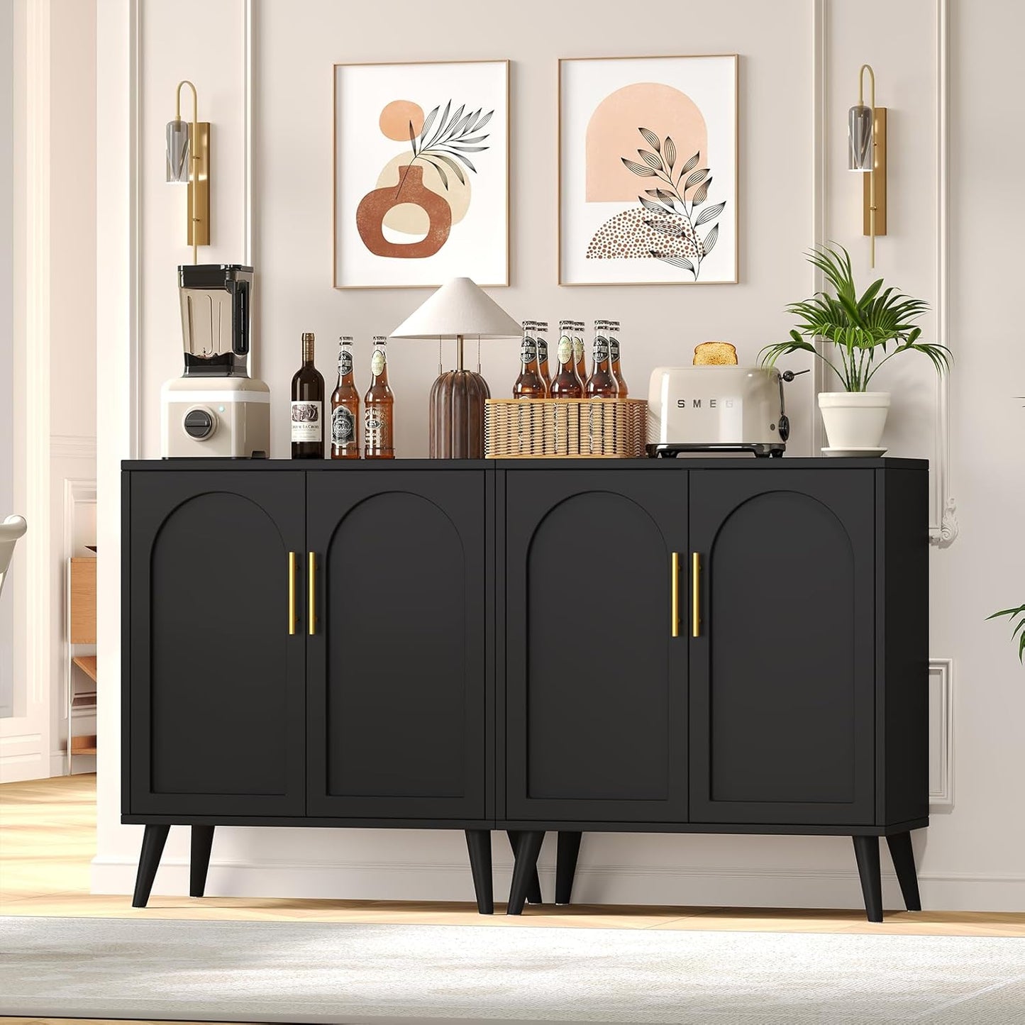 Rovaurx Set of 2 Storage Cabinet with 4 Doors, Accent Bathroom Floor Cabinet, Modern Sideboard Buffet Closet for Living Room, Entryway, Dining Room and Kitchen, Black BMGZ108B02