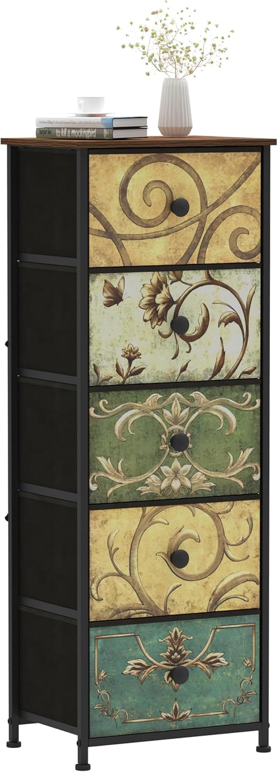 Tohomeor Small Dresser for Bedroom with Retro Flower Narrow Drawers Slim Chest of Drawers Skinny Nightstand Sofa End Table for Living Room Entryway Closet Storage (Multi, 5 Drawers)