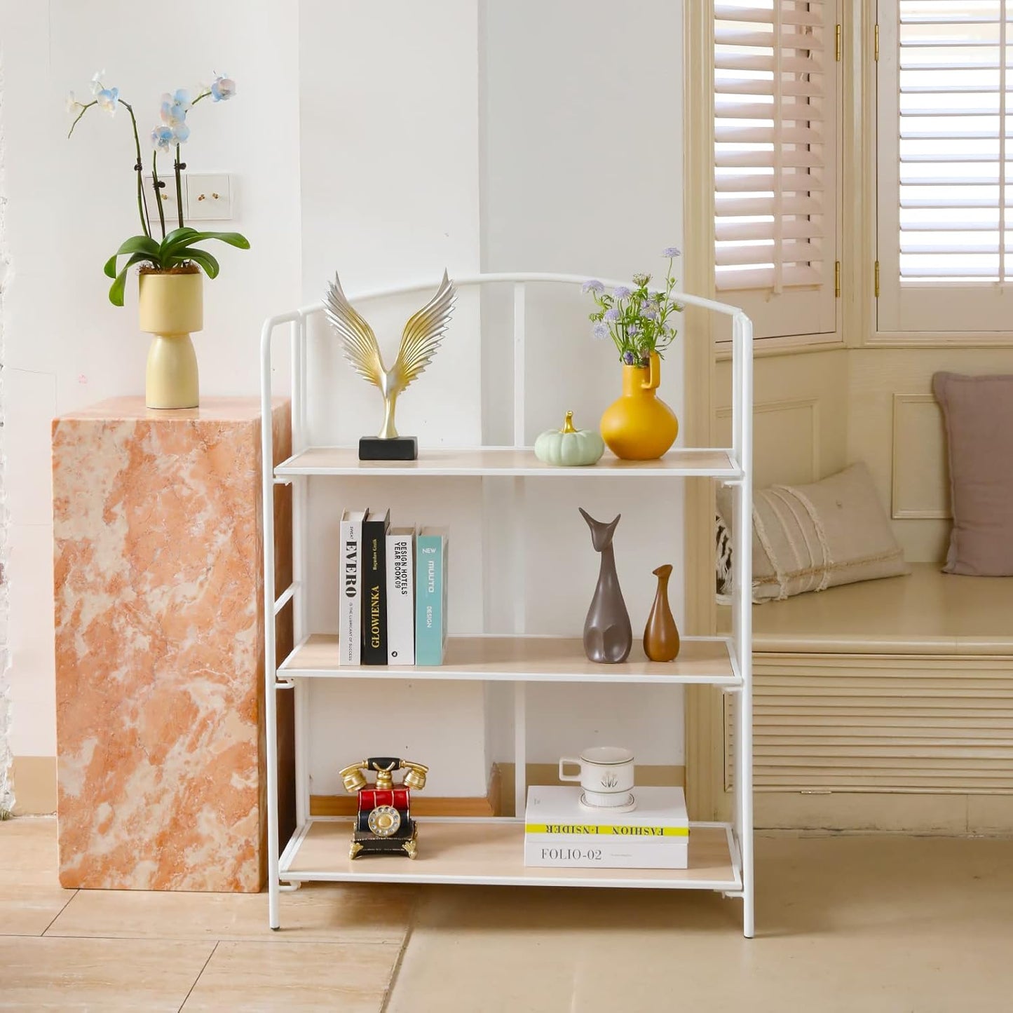 Crofy No Assembly Folding Bookshelf for Living Room, 3 Tier White Collapsible Book Shelf for Home Office, Portable Bookcase Storage Organizer