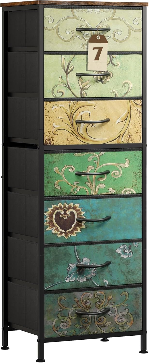 WLIVE Tall Dresser for Bedroom, 7 Drawer Dressers & Chests of Drawers, Fabric Dresser for Closet, Living Room, Night Stand with Metal Frame, Storage Tower with Fabric Bins, Wood Top, Floral Painted
