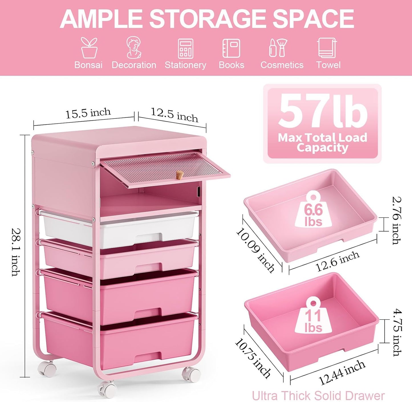 Utility-Rolling-Storage-Drawer-Craft-Cart-Organizers with 4 Drawers & Dust-Proof Door for Kid Craft Art Room,Bedroom,Home Office, Classroom, Rose Pink