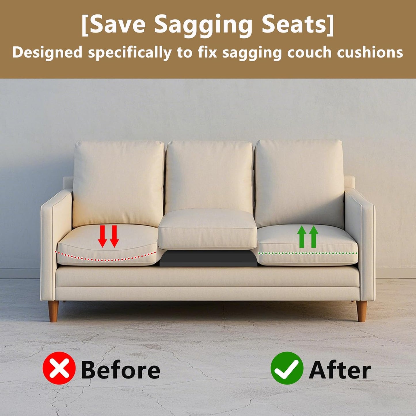 moonoom 22"x22" Couch Cushion Support, Black Sofa Cushion Sagging Repair, Curved High Density Foam Replacement for Furniture Sagging Seat Sectional Loveseat Chair (3 Pcs)