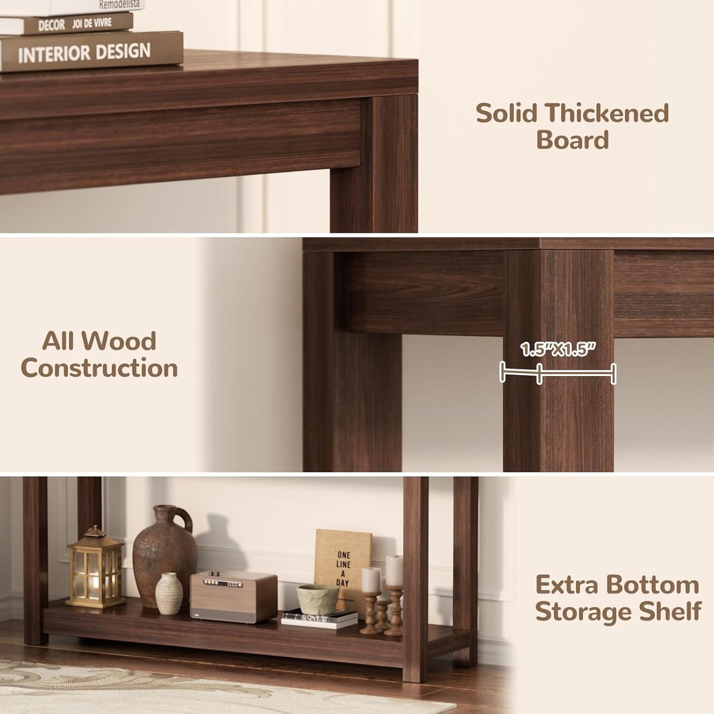 47" Farmhouse Wood Entryway Table Narrow Console Table with Storage Behind Couch Sofa Table with Shelves Entry Way Tables with Open Storage, Easy Assembly, Black Walnut