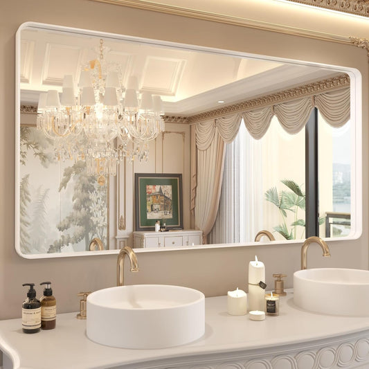WEER White Bathroom Mirror 72X36 Inch, Rounded Rectangle White Metal Frame Mirror, Matte White Bathroom Vanity Mirror with Tempered Glass, Anti-Rust, Hangs Horizontally or Vertically