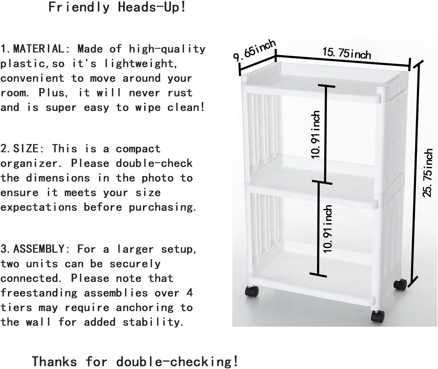 3 Tier Rolling Storage Cart for Bathroom Toilet Side Storage Shelf with Wheels Movable Organization Rack Organizer Shelving Unit Bathroom Cart Office Cart (Normal Size)