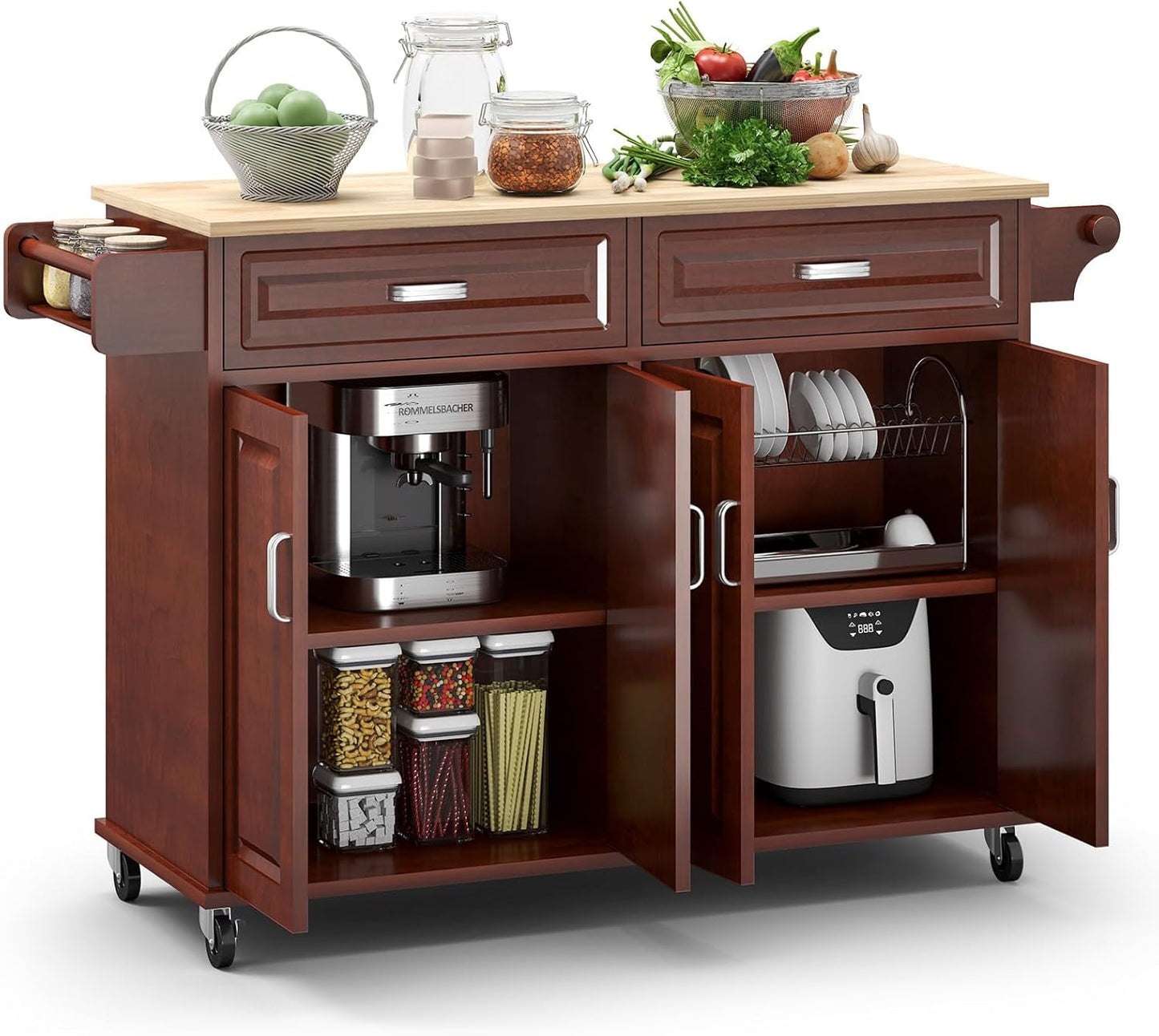 Rovibek Kitchen Island On Wheels Rolling Islands with Storage & Drawers Cabinet Spice Rack Towel Rack, Brown