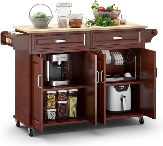 Rovibek Kitchen Island On Wheels Rolling Islands with Storage & Drawers Cabinet Spice Rack Towel Rack, Brown