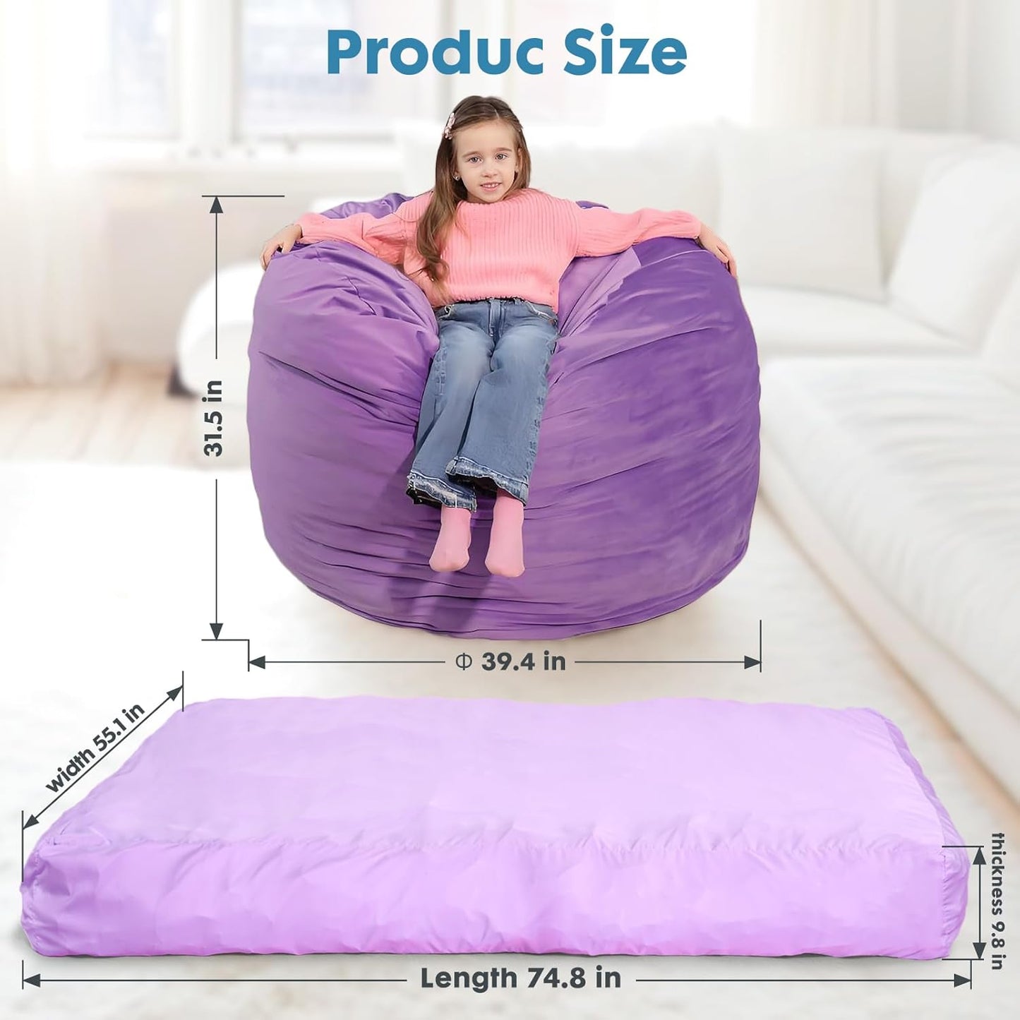 Bmag Giant Bean Bag Chair for Adults, 6FT Bean Bag Chair Convertible Bean Bag Pad, Large Chairs with Memory Foam Filler, Removable Washable Cover for Living Room Bedroom Office - Purple