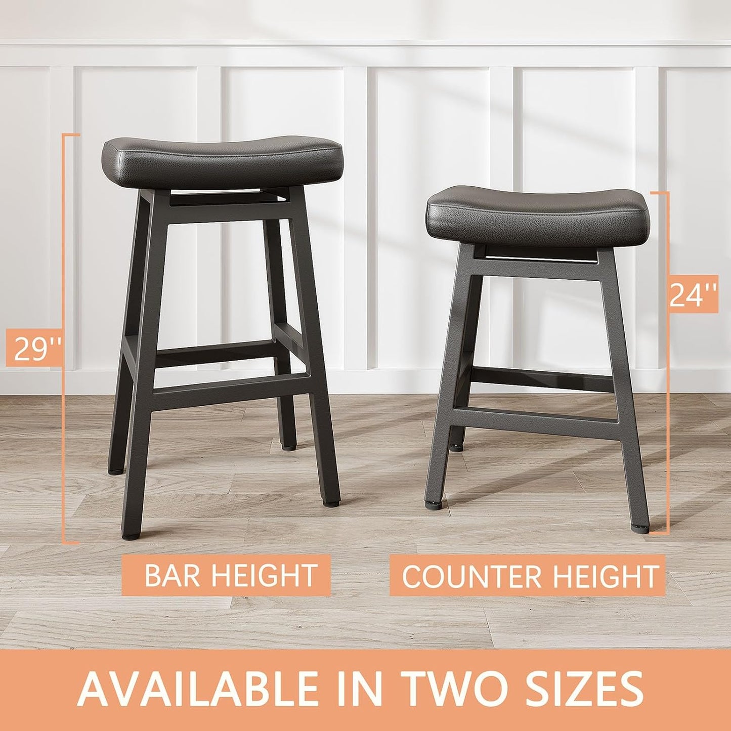 29 Inches Bar Stools Set of 2, Bar Height Barstools for Home Counter, Blackless Barstool with Bonded Leather Saddle Seats & Heavy Duty Metal Legs, Easy Assembly, All Black