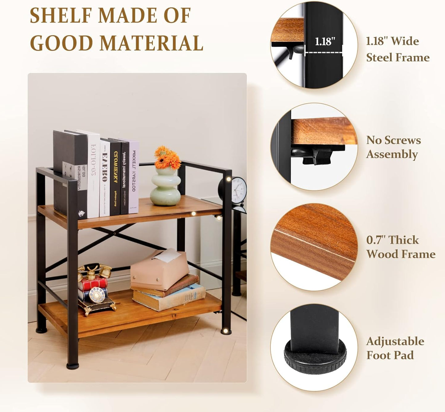 Crofy Rustic Bookshelf, 2 Tier Real Wood Bookshelf, Metal Book Shelf for Storage, Black Bookcase, 12.6" D x 23.62" W x 22.83" H