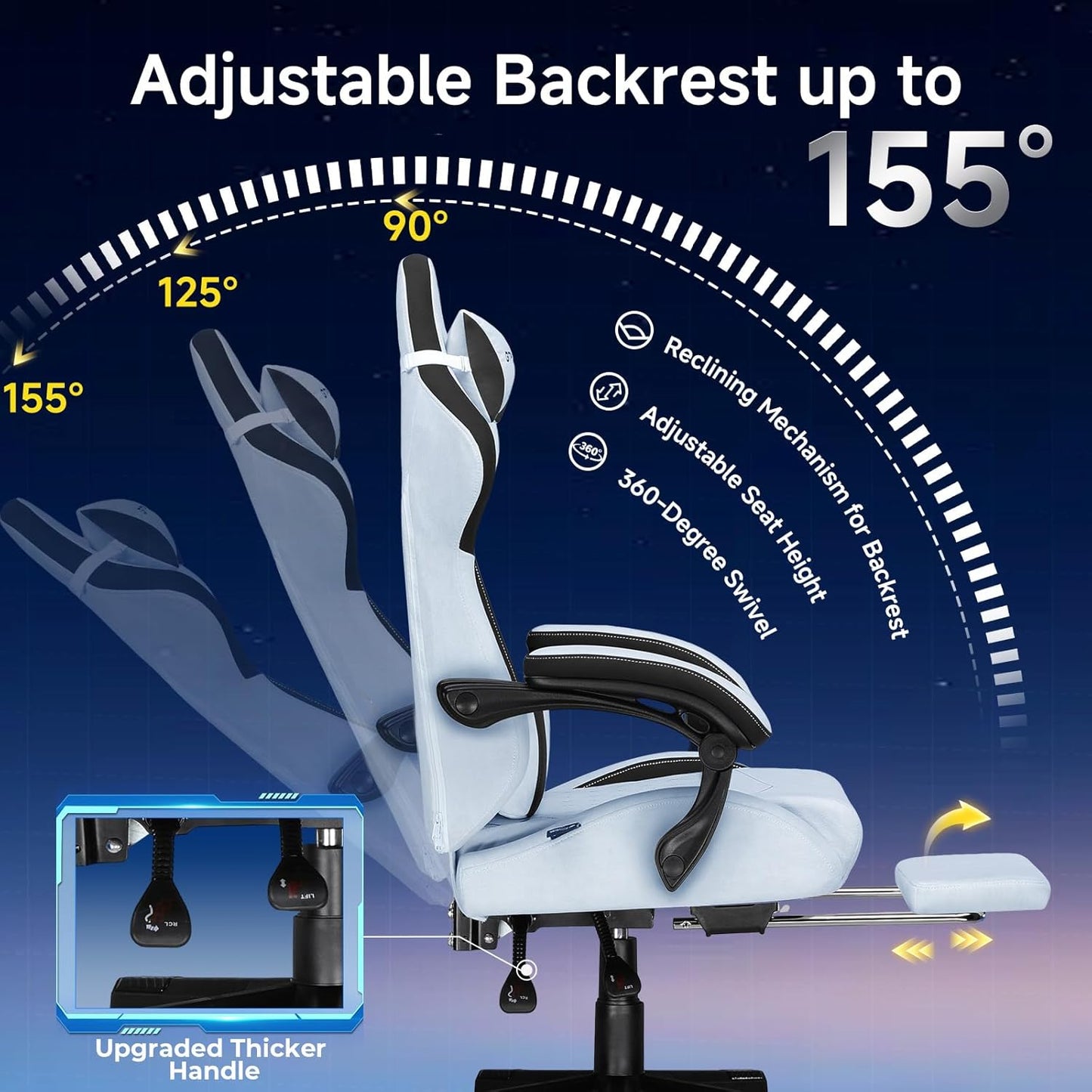 GTPLAYER Gaming Chair, Video Game Chairs with Footrest and Lumbar Support, Computer Chair for Adults with Extended Backrest, Ergonomic Reclining Silla Gamer, Velvet Fabric, Light Blue