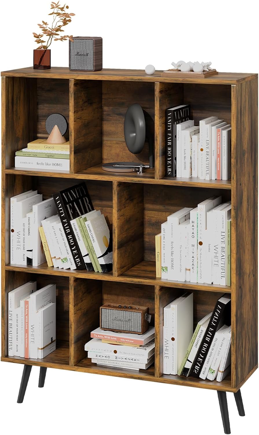 8 Cube Bookshelf 3 Tier Mid-Century Rustic Brown Modern Bookcase with Legs,Retro Wood Book Shelf Storage Organizer Shelf,Freestanding Organizer Display Shelf for Bedroom,Living Room,Office