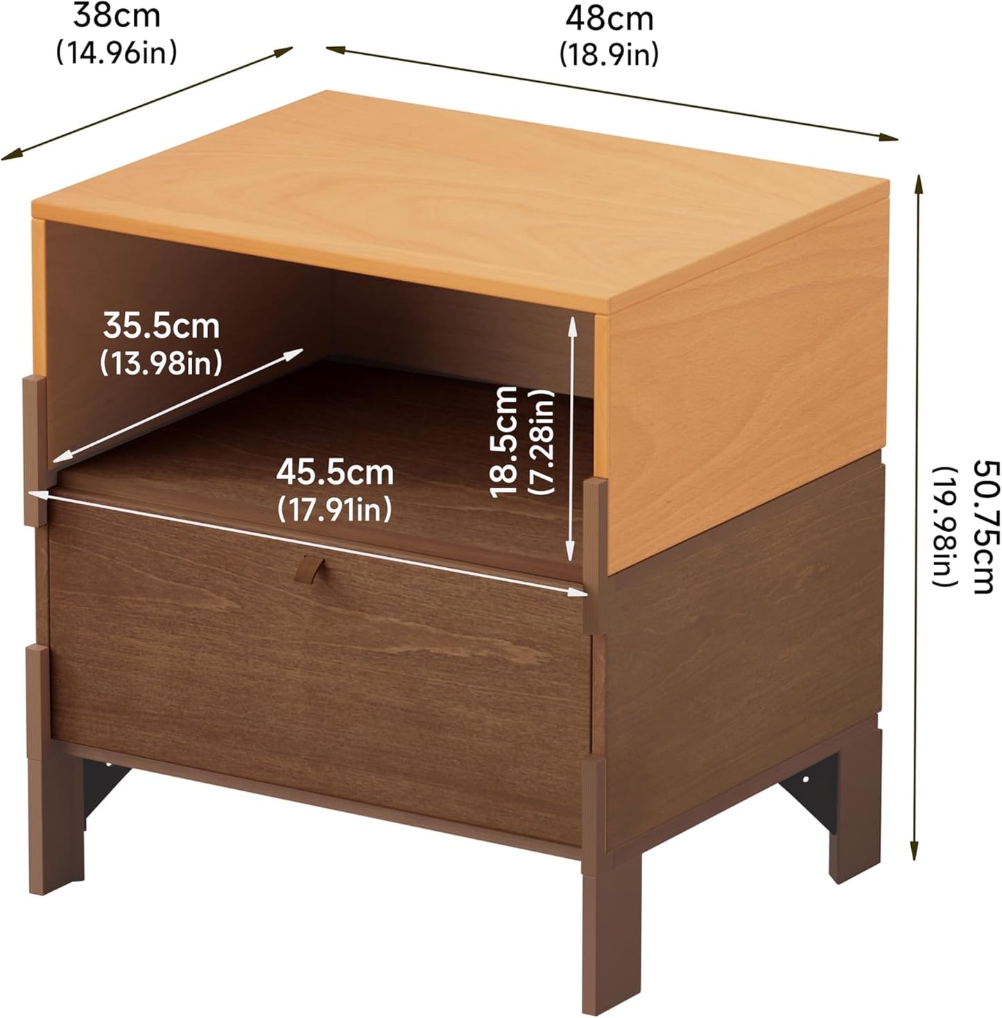 SBS-AL-21-23 Sebastack Night Stand, Customizable 2 Drawers Bedside Table, End Table, Side Table for Bedroom, Mid-Century Style Wood Chest of Furnitures, Basswood and Walnut Color Combo