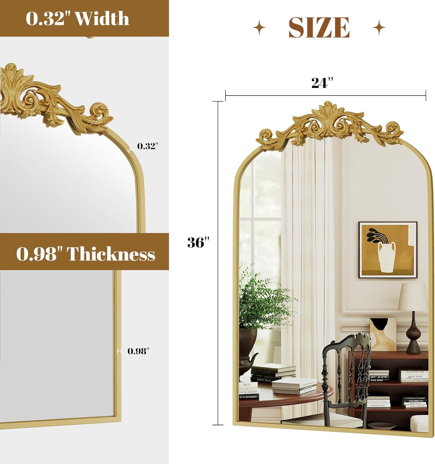Vintage Arched Bathroom Mirror, 24x36 Inch Retro Wall Mounted Vanity Mirror with Carved Pattern Top and Metal Frame, Gold Decorative Mirror for Hanging or Leaning