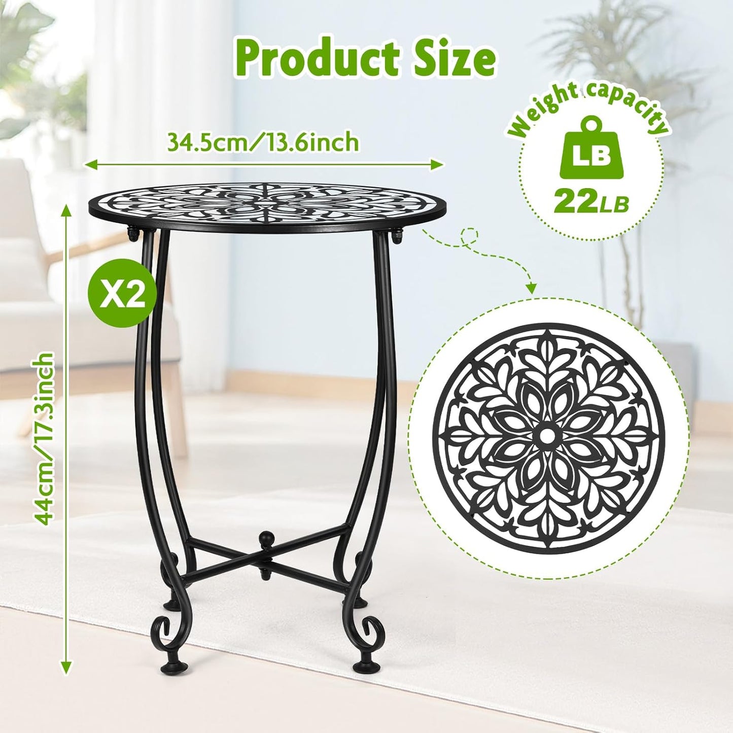 2 Pack Outdoor Side Table for Small Spaces, 14 Inch Patio Side Table,Plant Stand,Round Metal End Table Anti-Rust Waterproof Accent Table for Patio,Yard Porch Balcony Garden