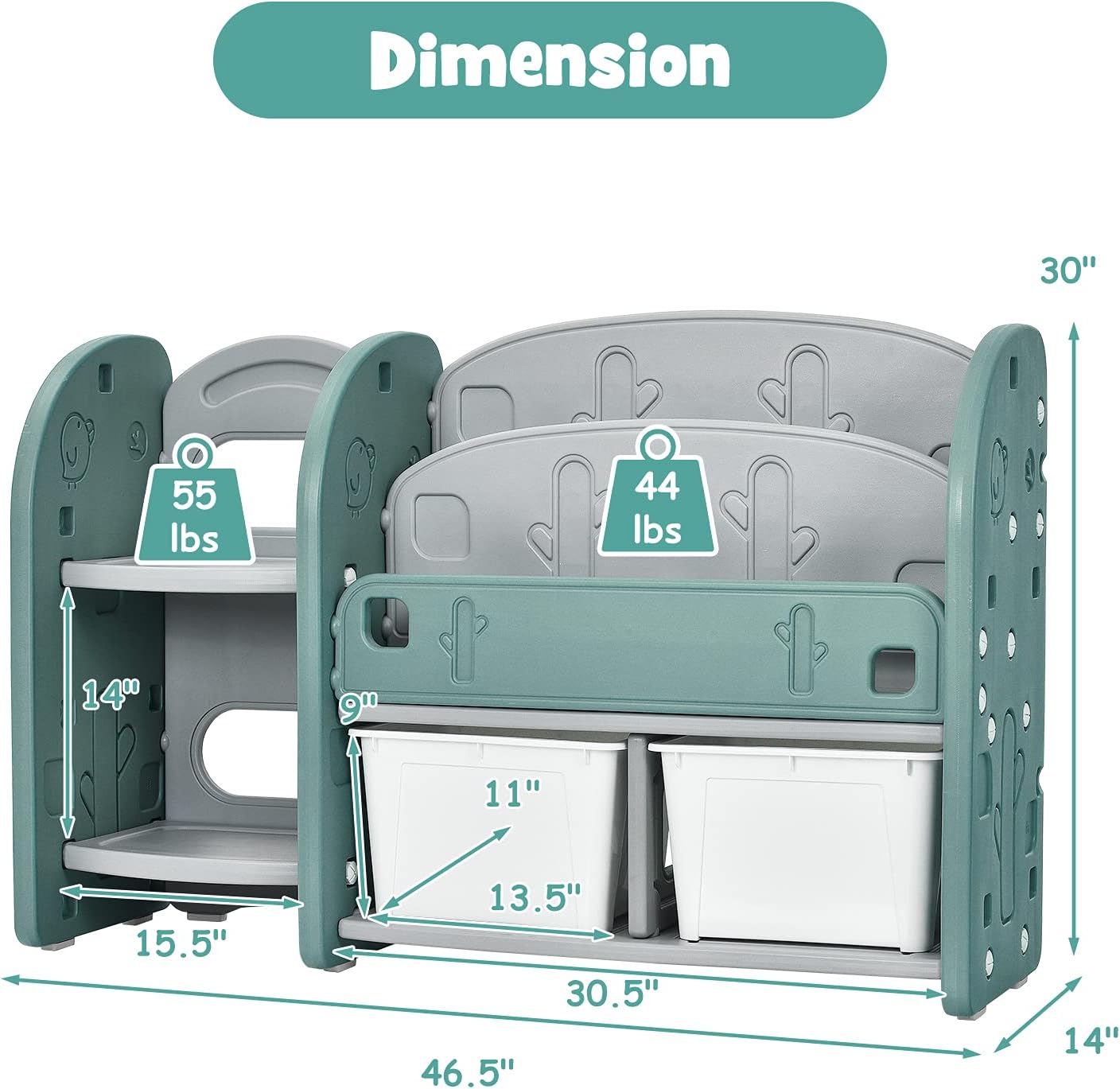 Costzon Kids Toy Storage Organizer, Toddler Bookshelf Cabinet w/ 2-Tier Bookshelf, 2 Shelves, 2 Removable Bins, Children Bookcase Display Book Rack for Kids Room Bedroom Playroom Furniture (Green)