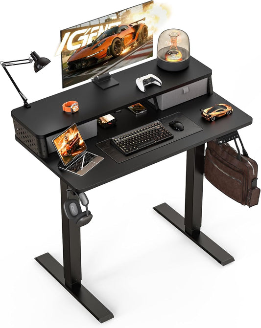 Small Standing Desk with Drawers and Brushless Motor,Electric Sit Stand Desk for Walking Pad,Ergonomic Stand Up Desk for Home Office & Gaming,3 Memory Height Preset & Hooks(35" x 20", Black)