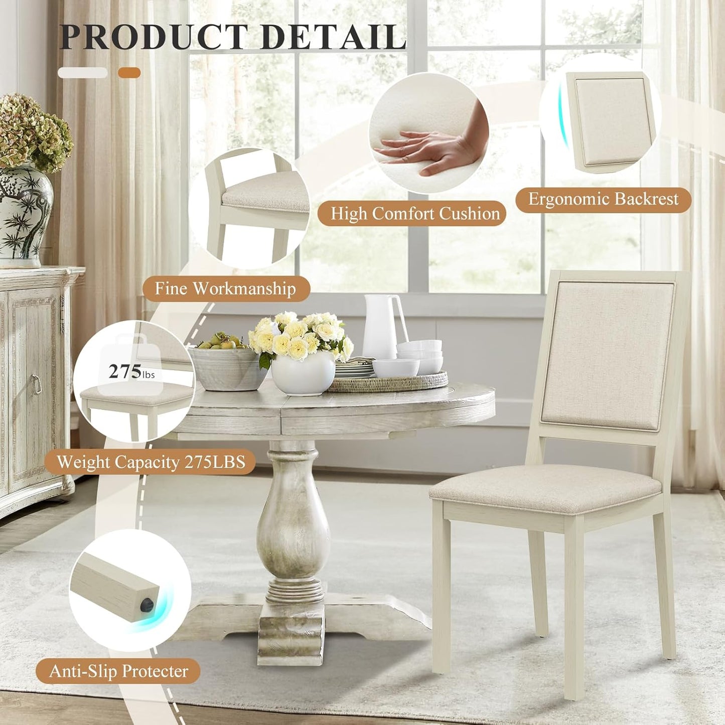 COLAMY Upholstered Dining Chairs Set of 4, Mid Century Modern Dining Room Chairs, 19 Inch Kitchen Chairs with Back for Dining Room Restaurant, Ivory