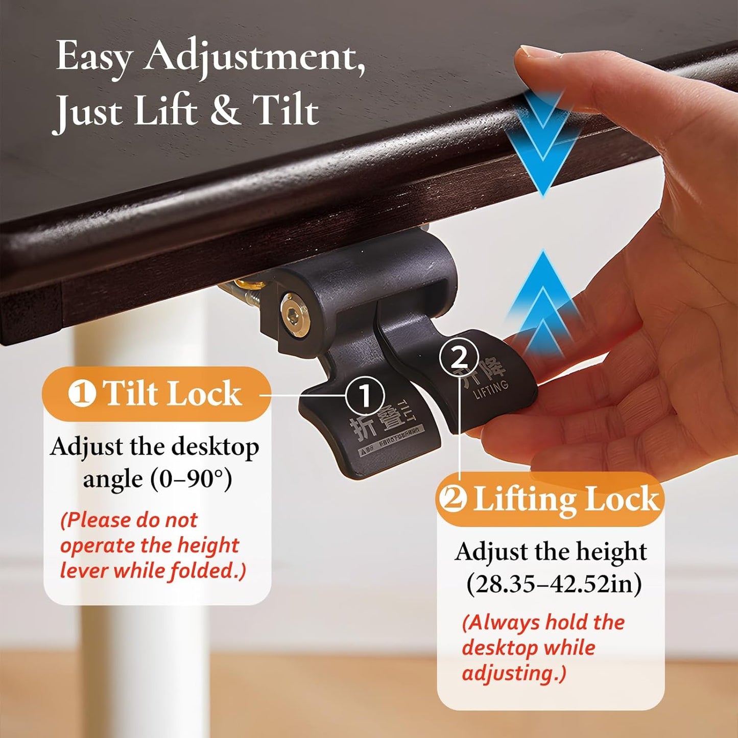 Adjustable Computer Desk, Solid Wood Folding Desk with Wheels, Mobile Home Office Laptop Table, Sit Stand Workstation, Rolling Desk, 28.35-42.52 H x 31.5 W x 19.69 D Inches, Black