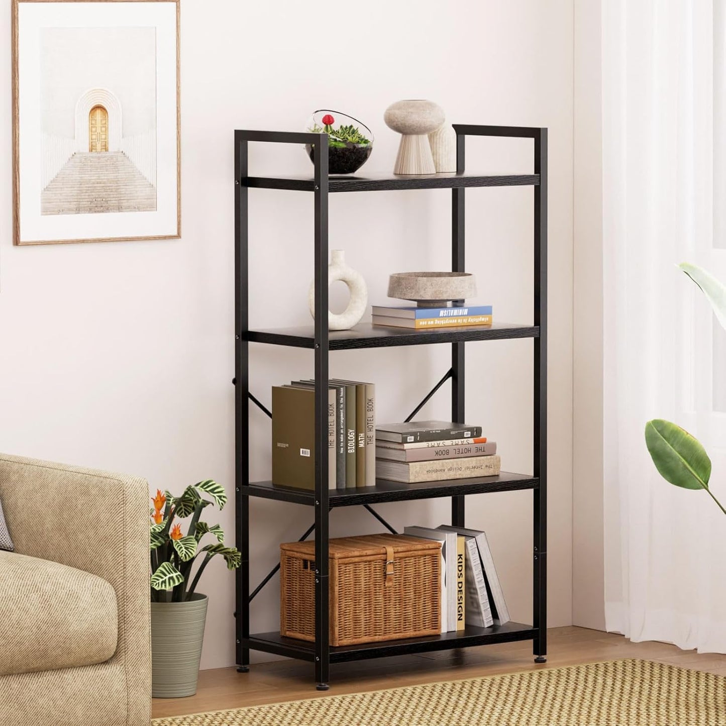 Casaottima Book Shelf, 4 Tier Bookshelf, Modern Wood Bookcase Shelves for Bedroom, Industrial Display Shelf for Living Room Home Office Kitchen, Standing Shelving Unit Storage Organizer, Black