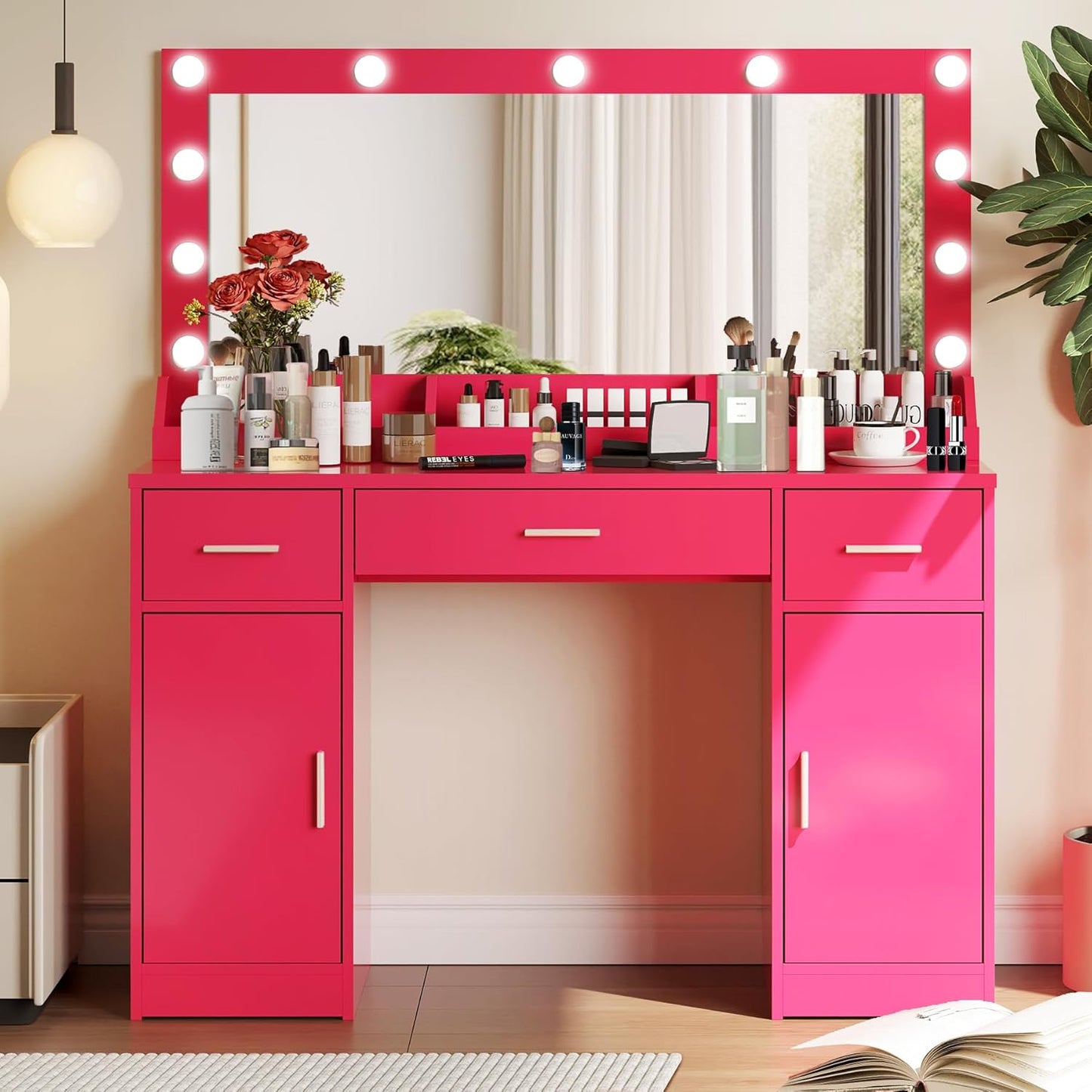 47.5” Vanity Desk with Large Mirror, 3 Colour Lighting Modes, Adjustable Brightness, Dresser with 3 Drawers & 2 Vertical Cabinets, Makeup Vanity Table for Women Girls